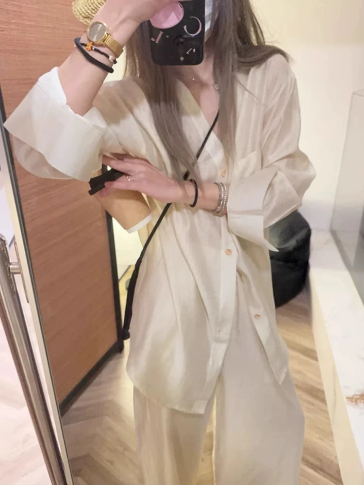 【丸子家】老钱慵懒风V领宽松衬衫纯色阔腿裤套装9531