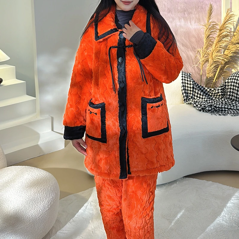 查理夫人【红珊瑚】三层夹新款睡衣女新中式冬季加绒加厚睡衣洋气