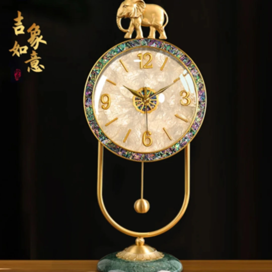 黄铜贝壳彩贝边时钟家用大象座钟书房时尚客厅钟表美式轻奢创意