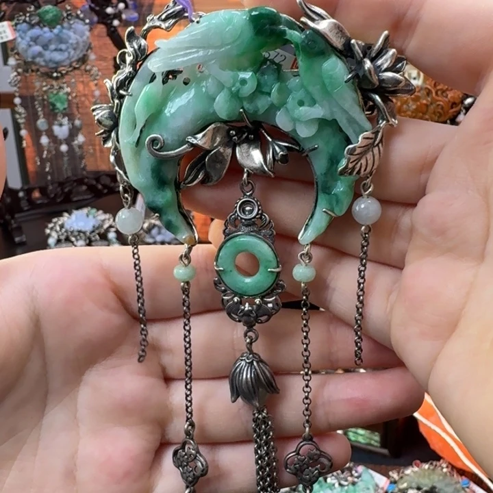 翡翠银S925镶嵌颈饰发夹