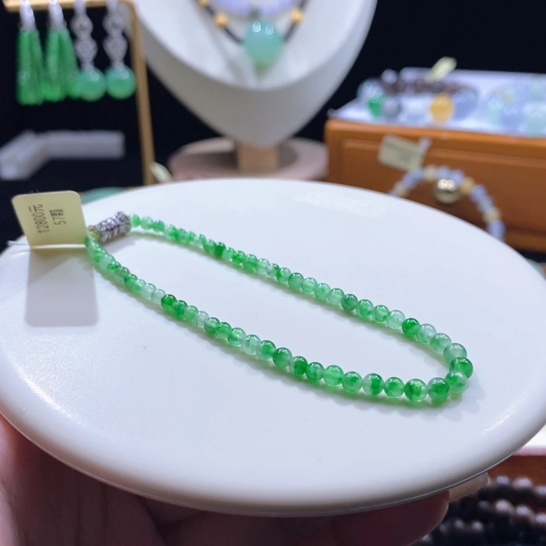 翡翠未镶嵌手串冰绿花小米珠手串