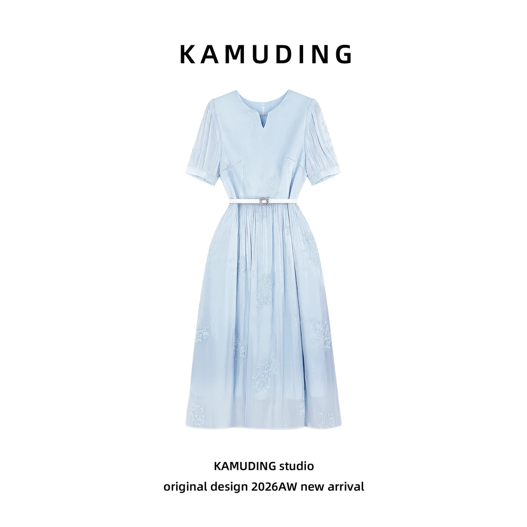 KAMUDING2026新款法式刺绣圆V领气质收腰显瘦连衣裙9100YM-2