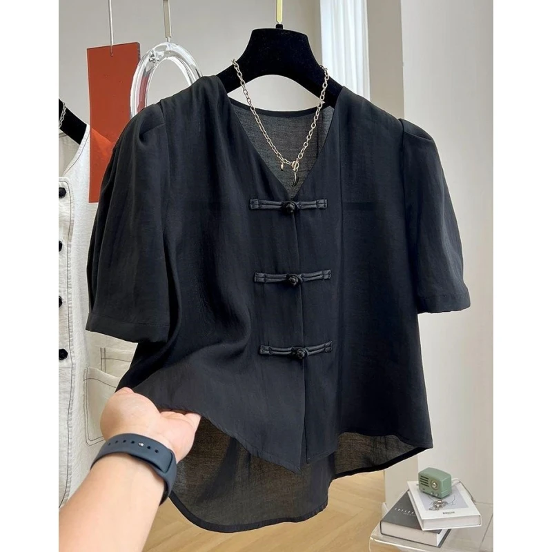 8236轻奢复古新中式盘扣v领短袖衬衫女夏季薄款高端气质小衫上衣