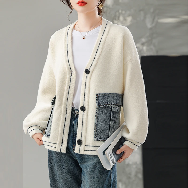 牛仔拼接短款外套女2025秋冬新款韩系小香风上衣宽松毛呢针织开衫