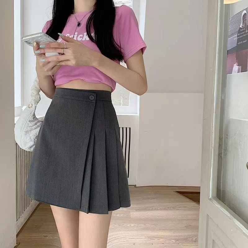 灰色百褶裙半身裙女春季新款设计感学院风高腰显瘦不规则A字短裙