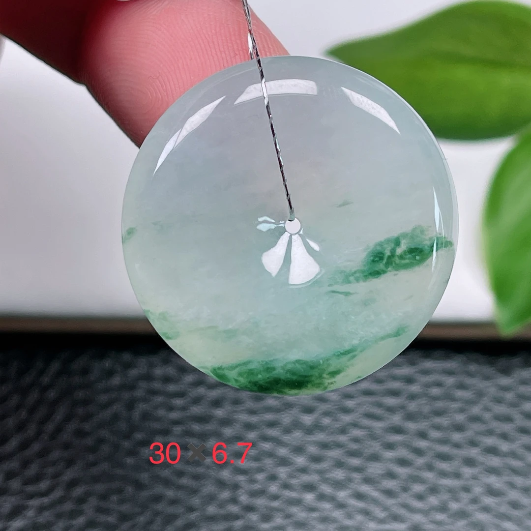 天然缅甸翡翠A货～冰种飘绿花平安扣吊坠冰润意境男女款玉扣挂件37