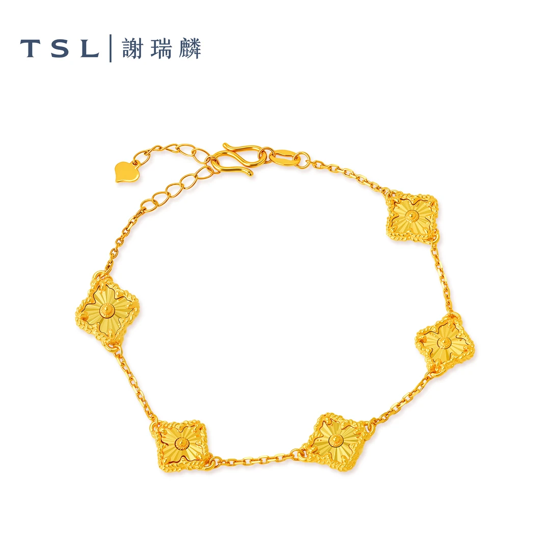 TSL/谢瑞麟足金金手链女复古幸运草步步经典满钻感轻奢黄金手链