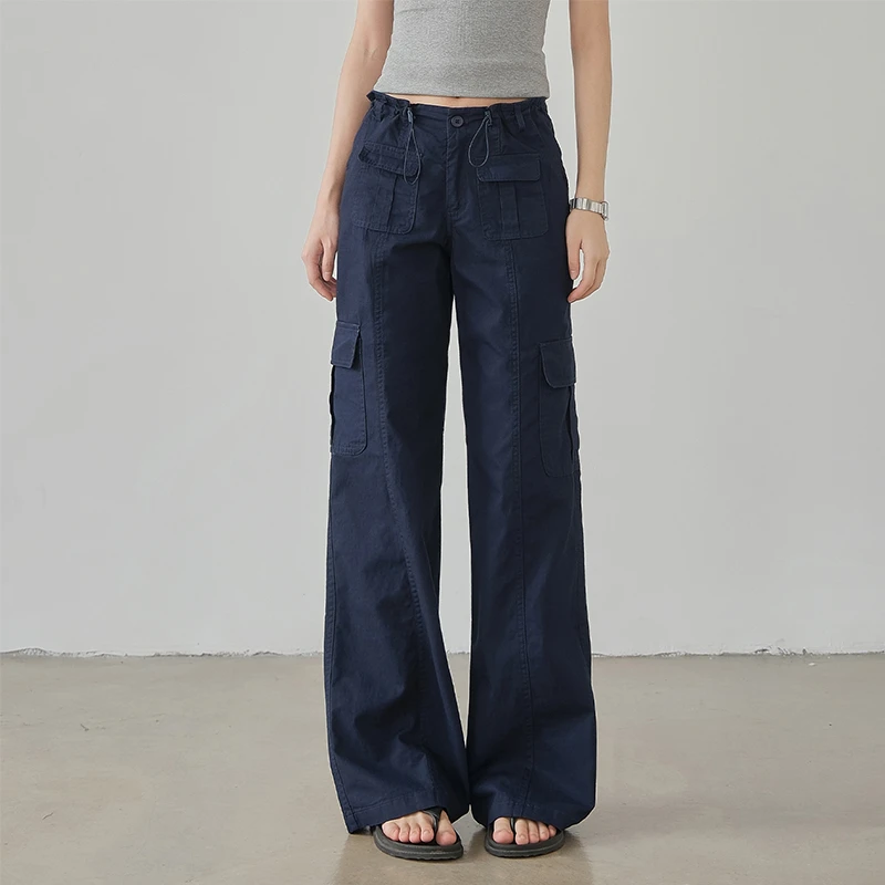 美式复古藏青色多口袋工装裤女2025新款复古宽松百搭直筒休闲裤子