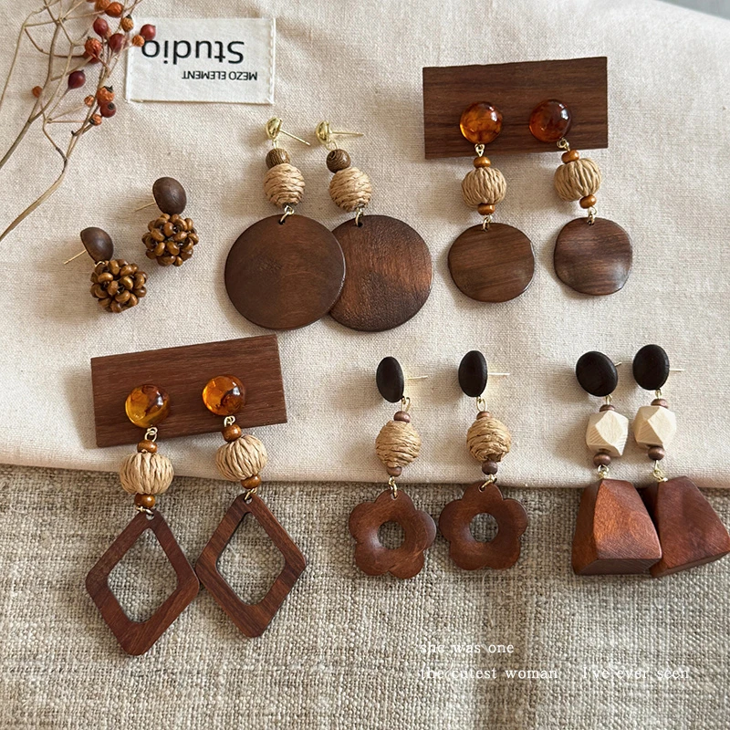 非金属木质耳饰 复古几何吊坠耳环高级感轻奢耳钉女新中式耳坠冬