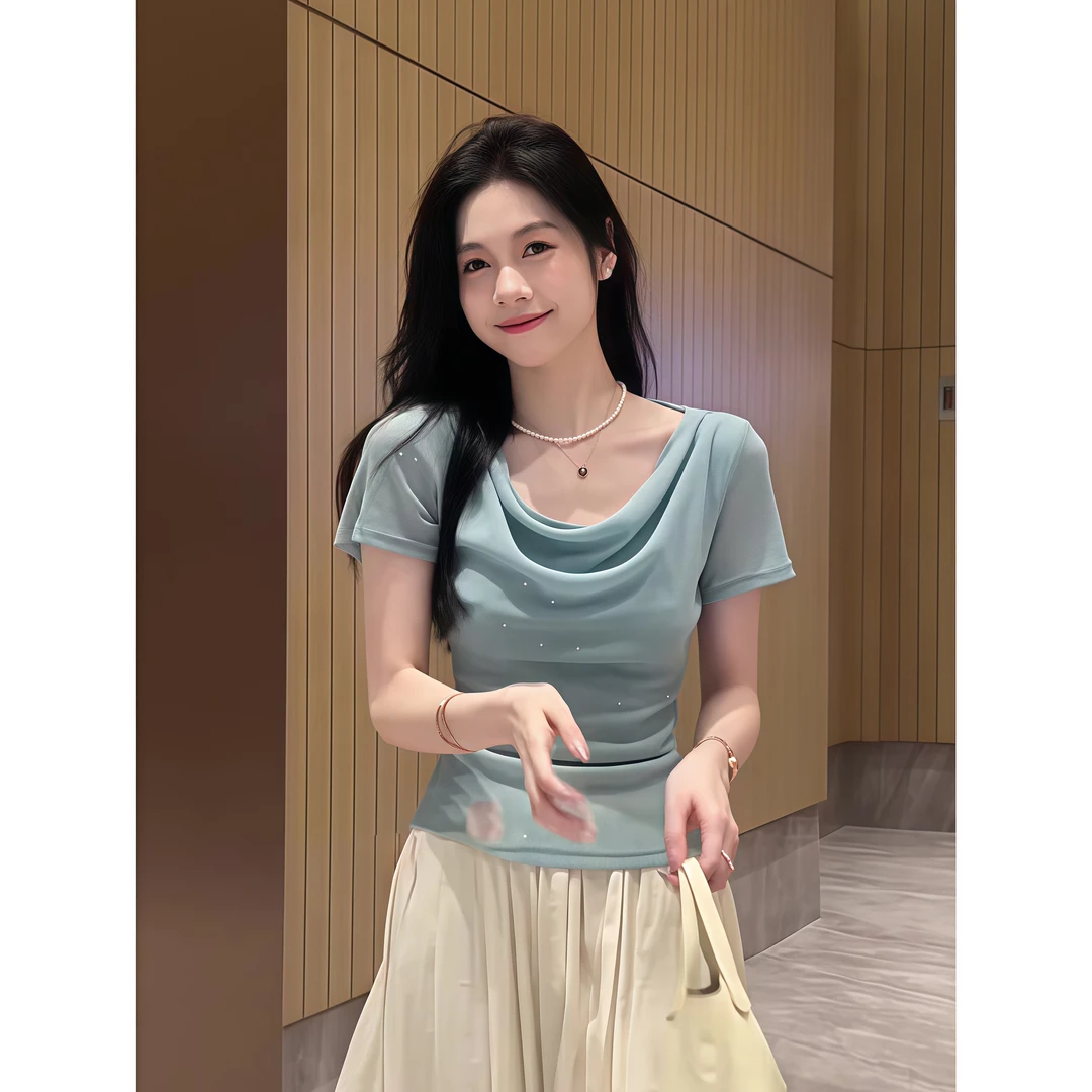 蓝法式高级感蝴蝶结系带冰丝掐腰上衣女2025夏季新款短袖T恤薄款