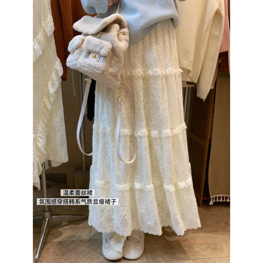 氛围感韩系甜美芭蕾风蕾丝拼接花边四层蛋糕裙冬新款半身长裙