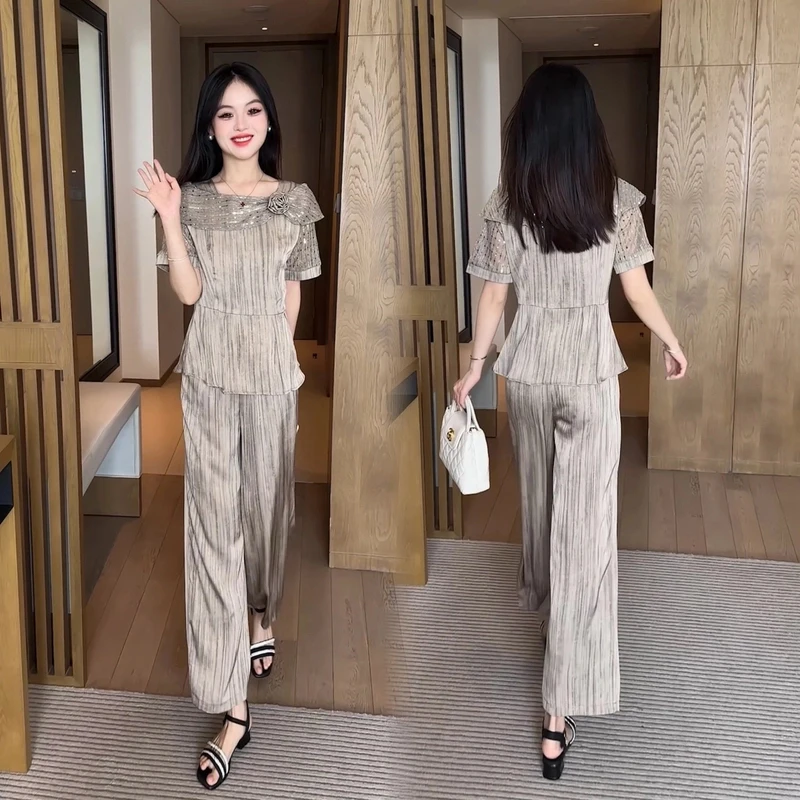 【赠运费险】蕾丝显瘦短袖气质洋气时尚减龄拼接休闲夏季套装