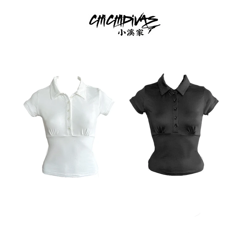 （小溪家）美式POLO领收腰短袖T恤收腰显瘦排扣简约基础百搭上衣