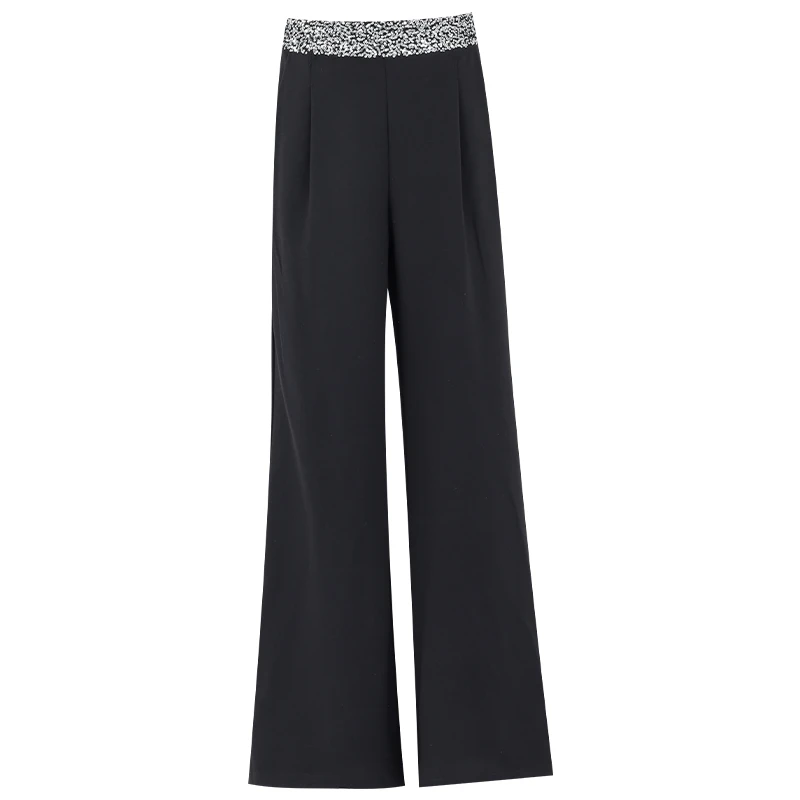 ABWEAR 亮片拼接黑色垂感西装裤女休闲阔腿宽松高腰显瘦微喇裤