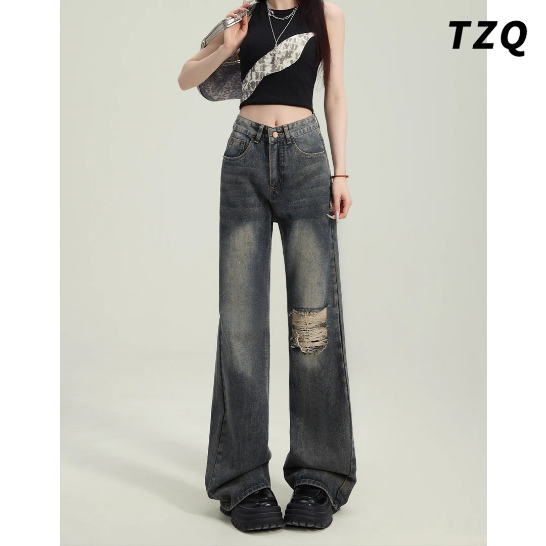 美式水洗复古直筒裤女2025新款破洞拖地宽松显瘦牛仔裤TZQ2522137