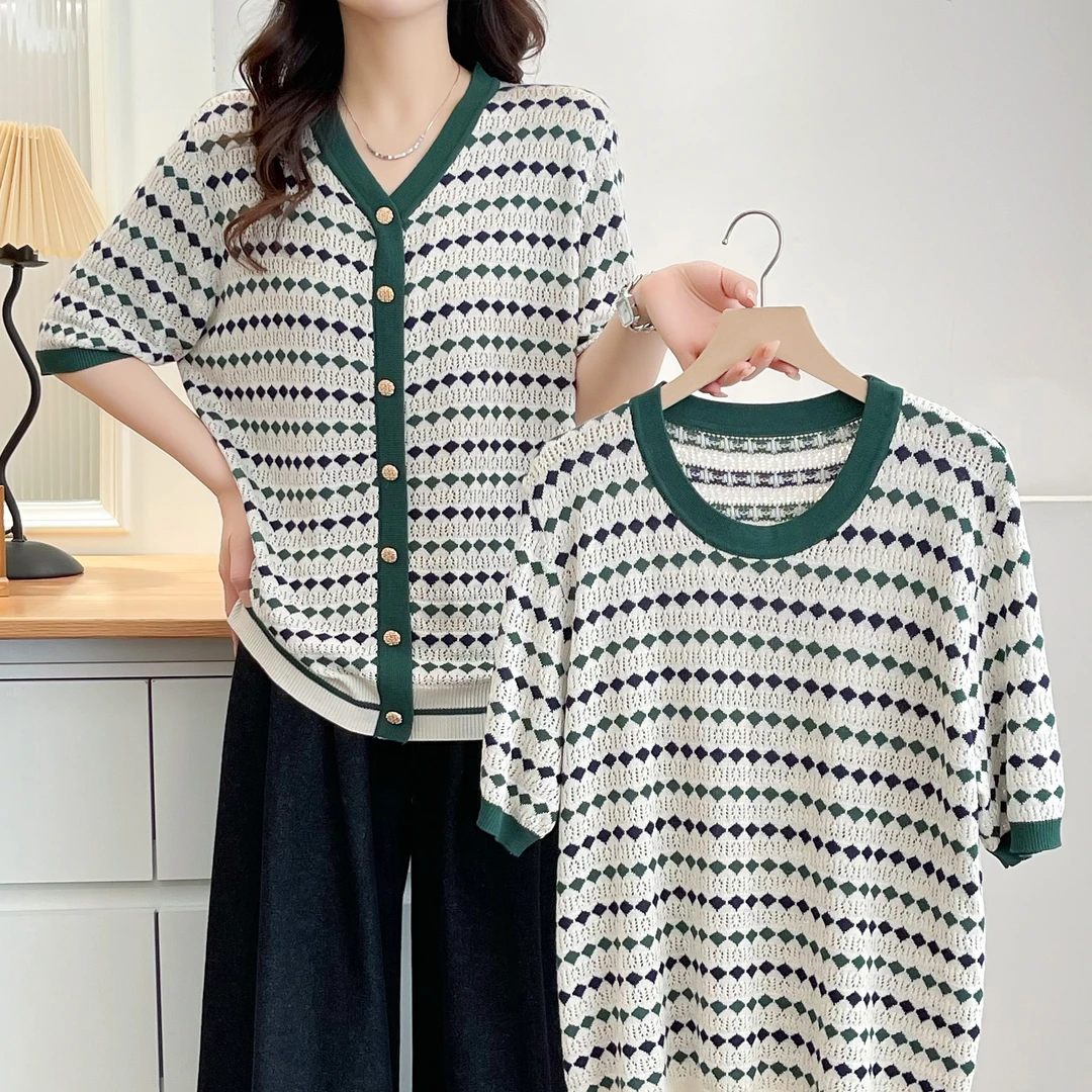 卡洛町大码女装110-200斤夏新款时尚气质百搭镂空提花针织T恤362