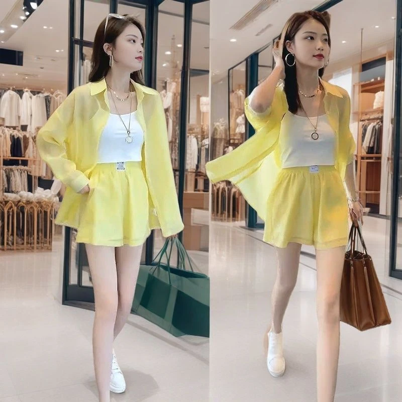 律动尤莱特长袖防晒衫夏季皱褶纹显瘦薄款大码衬衫短裤吊带三件套