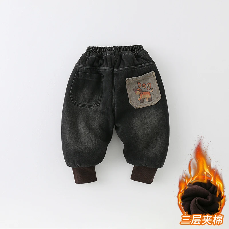 （哈密瓜）儿童冬季牛仔裤2024新款男童洋气卡通图案保暖裤子S003