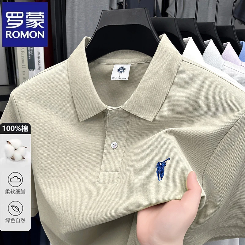 罗蒙100%纯棉高级感刺绣中青年翻领短袖polo衫亲肤透气百搭T恤男