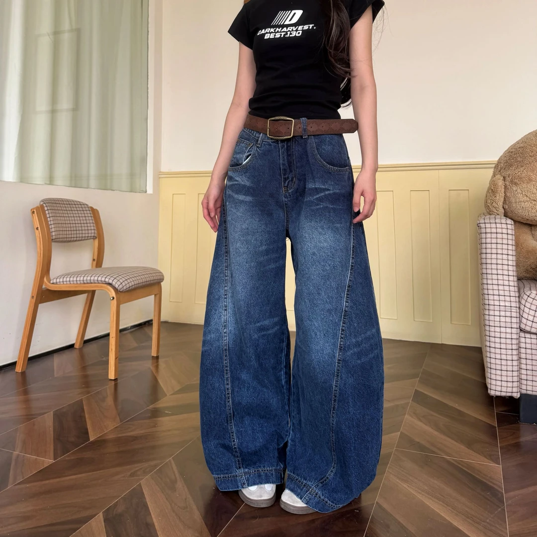 【早秋上新】美式复古压线弯刀阔腿牛仔裤女高腰宽松显瘦拖地长裤