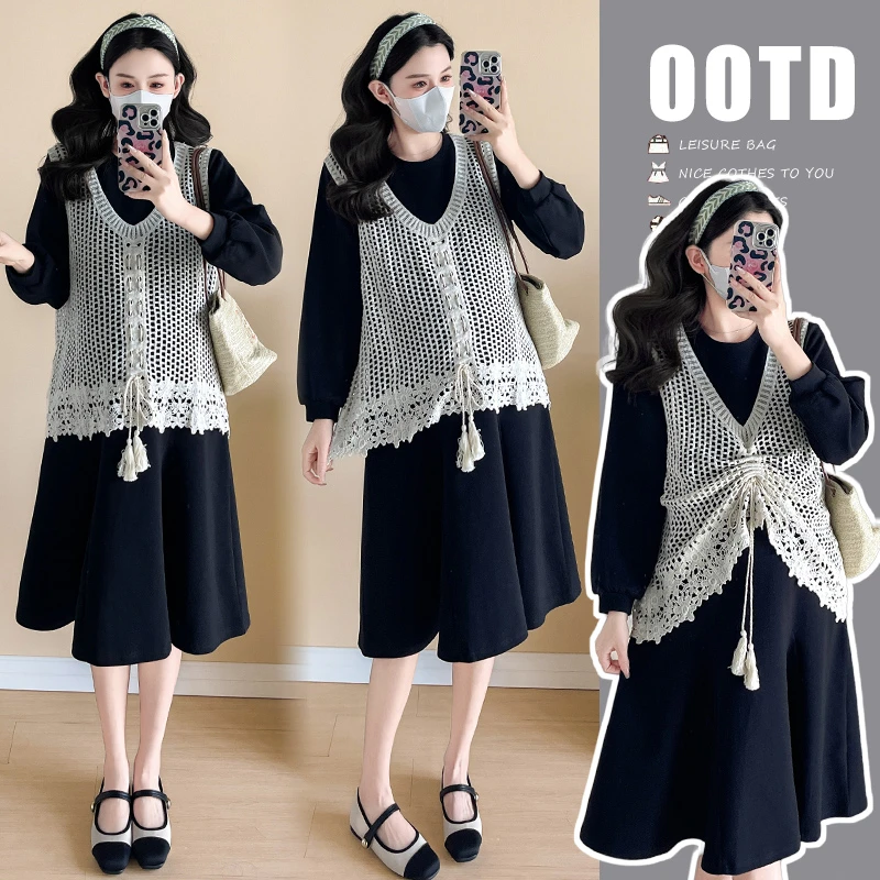 R123#2.22 春季慵懒风黑色针织休闲连衣裙+宽松罩衫两件套孕妇装