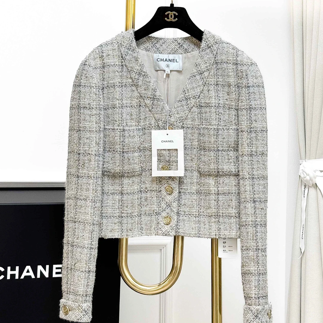 99新 Chanel/香奈儿 36码25B灰色混色格纹编织短款外套