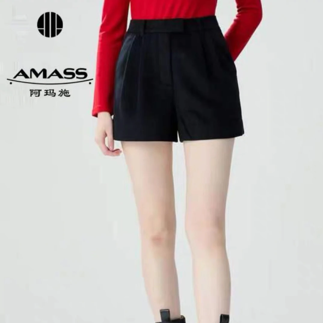 阿玛施【官方正品】简约高腰压褶显瘦短裤女5100311