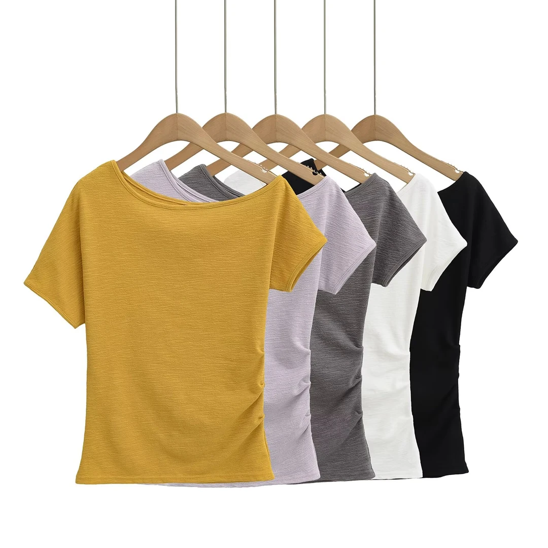 576斜漏肩收腰短袖时尚百搭