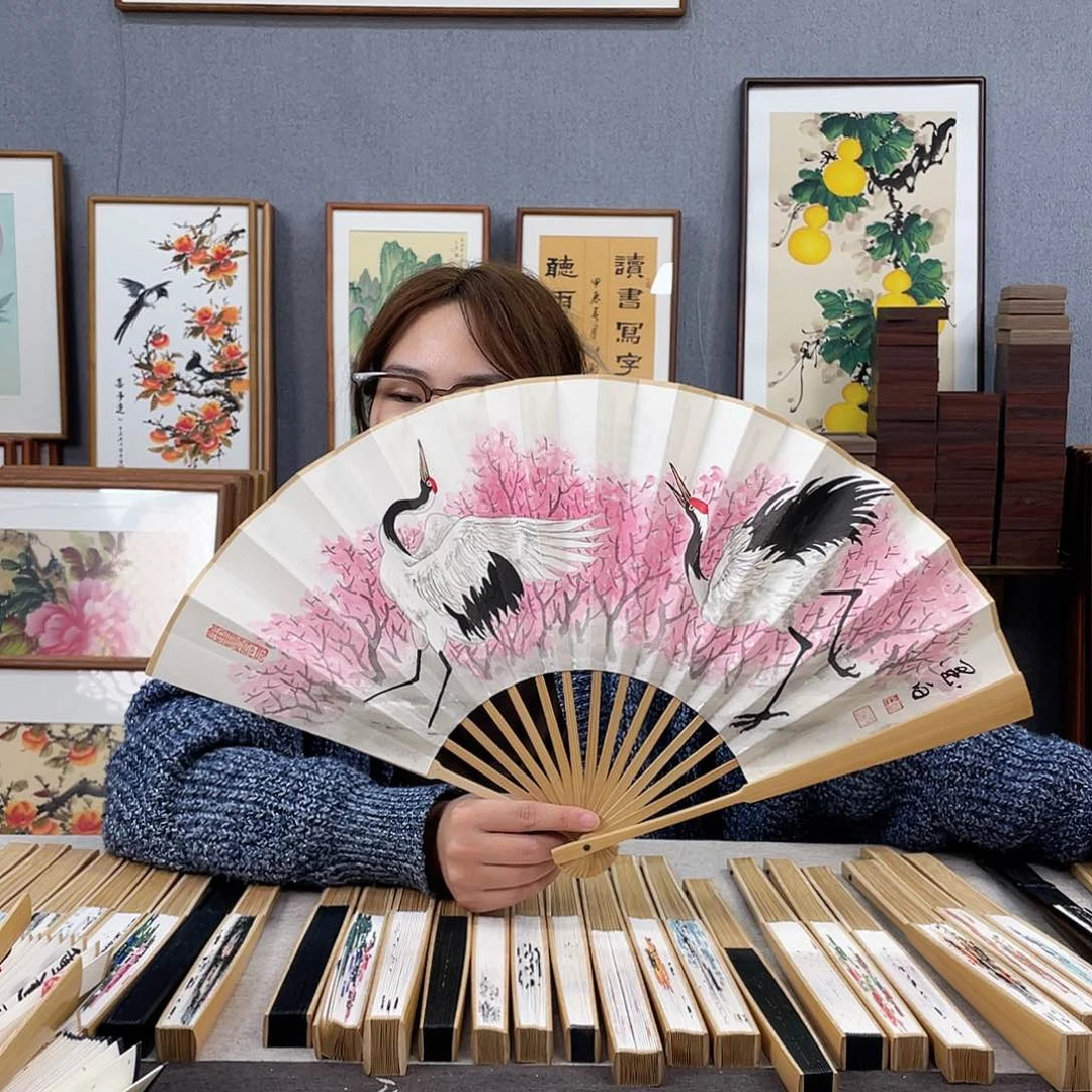 国画10寸玉竹-纯手绘-文玩扇骨（默认粘好）