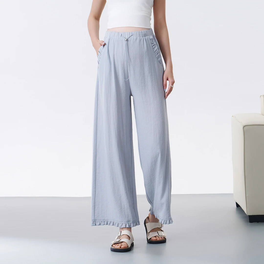 孕妇裤夏季薄款亚麻阔腿裤2025新款小个子九分花边休闲裤夏装外穿