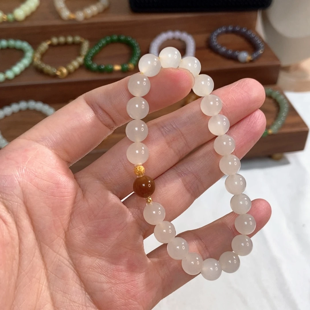 手链18K金镶嵌和田玉蜂蜜水8mm高冰底