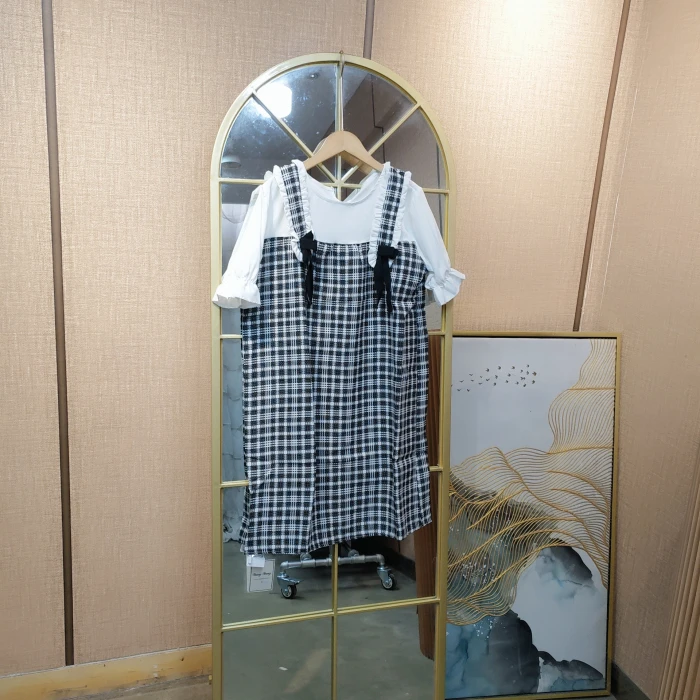 GG113孕妇黑色格子连衣裙M90-120 L130 XL140 XXL150