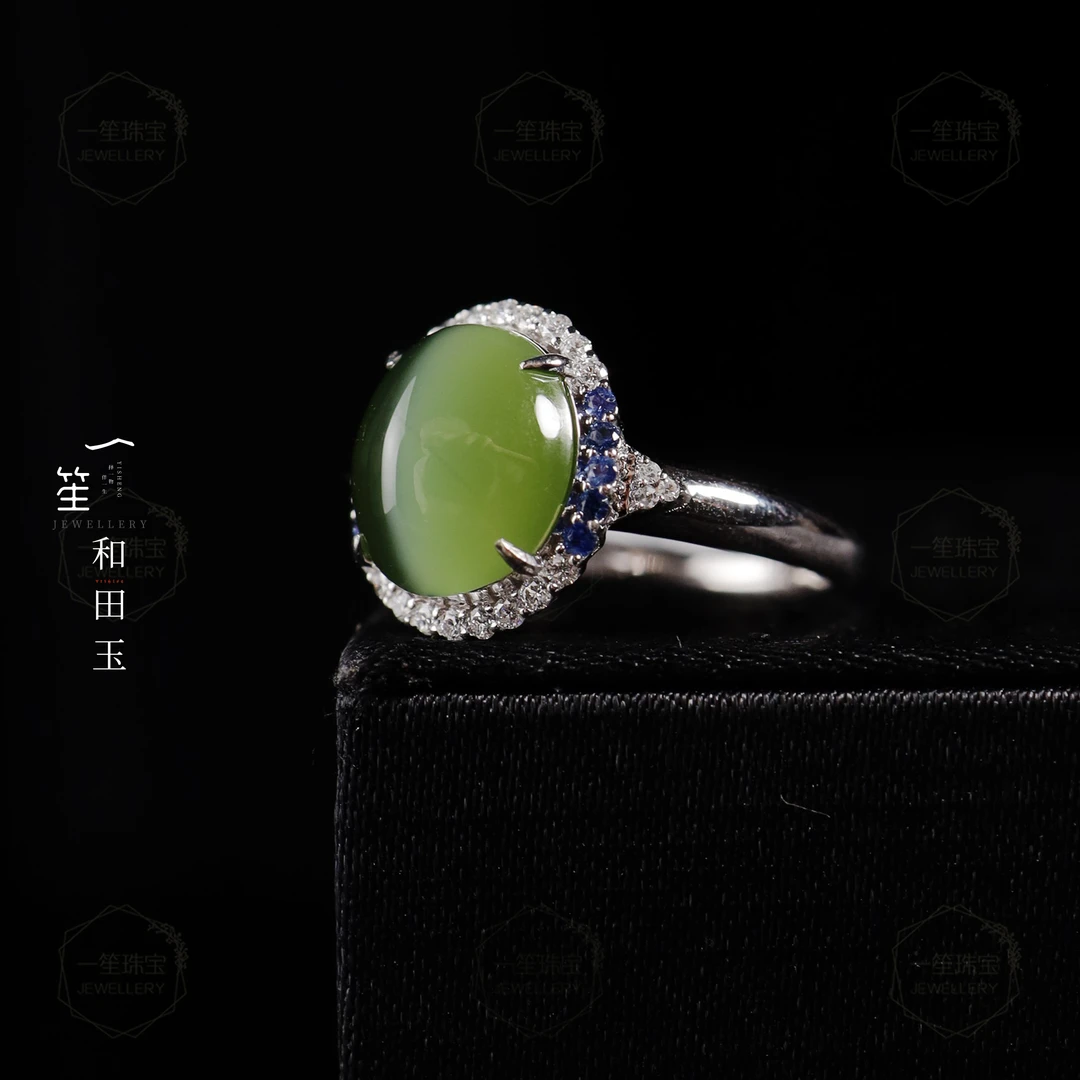 【一笙珠宝】天然和田玉猫眼蛋面戒指18k金镶嵌