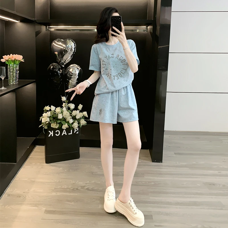 休闲套装女2025夏季新款韩版显瘦洋气时尚减龄烫钻短袖短裤两件套