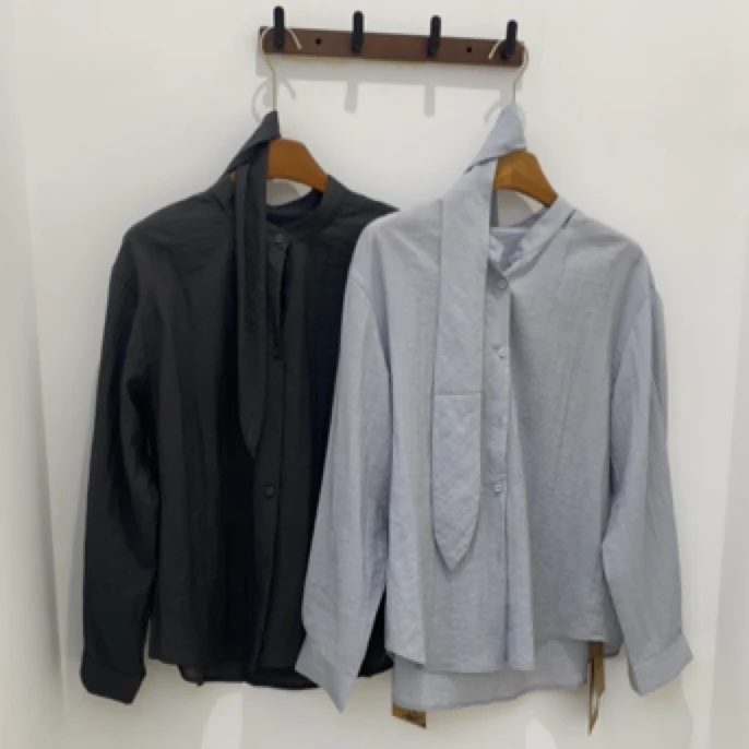 飘带衬衣50325秋季新款立领复古百搭宽松单排扣长袖