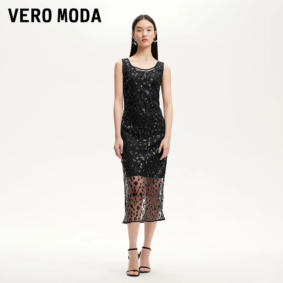 Vero Moda连衣裙2025春季新款立体珠片装饰真两件背心裙325146018
