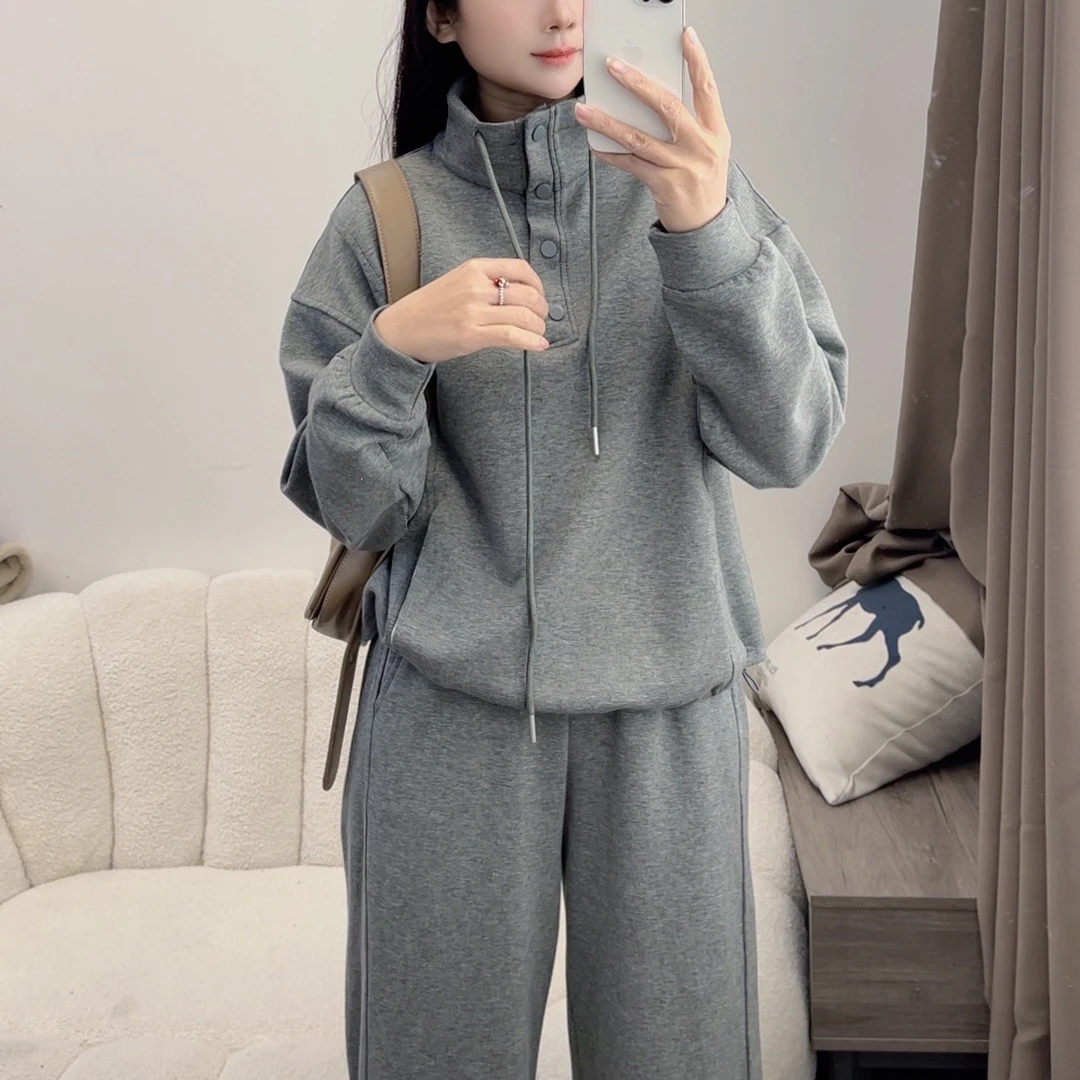 春季新品潮美休闲百搭单排扣高领卫衣阔腿裤休闲套装DYY2562