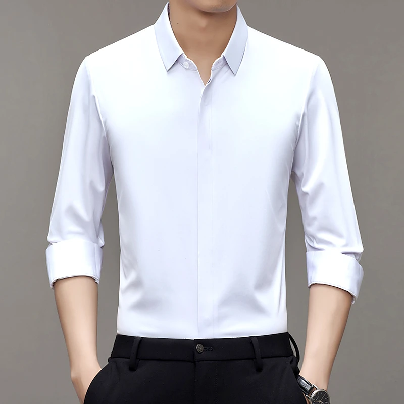 【高品质】商务休闲时尚衬衫男装轻奢纯色长袖无痕衬衣上衣冬季加绒