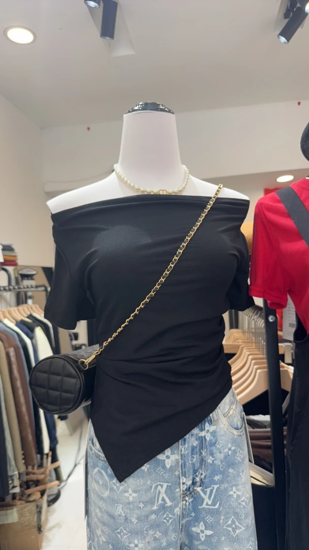 通勤抽褶短袖染色拼接常规T一字肩通勤风