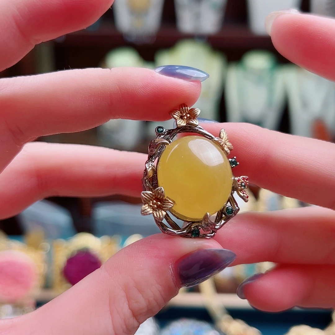 琥珀银S925镶嵌戒指戒指