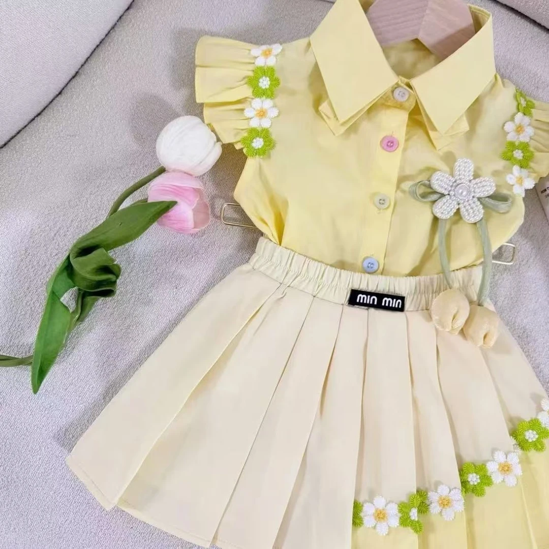 6719女童套装夏季新款女宝宝童装洋气小飞袖花朵上衣百褶裙两件套