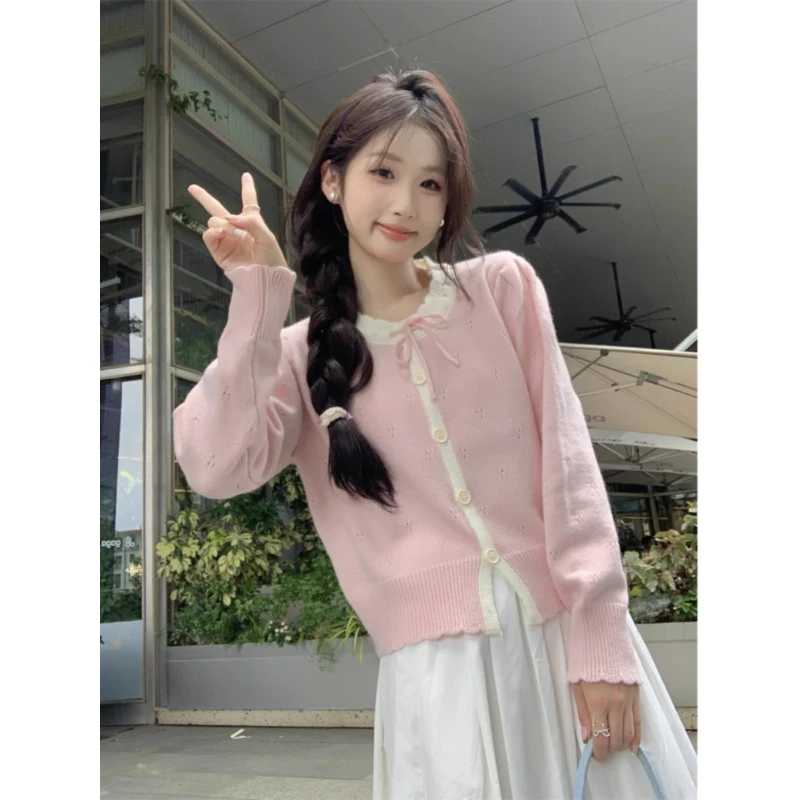 时尚温柔粉色毛衣外套女秋冬2025新款蝴蝶结宽松软糯甜美针织开衫