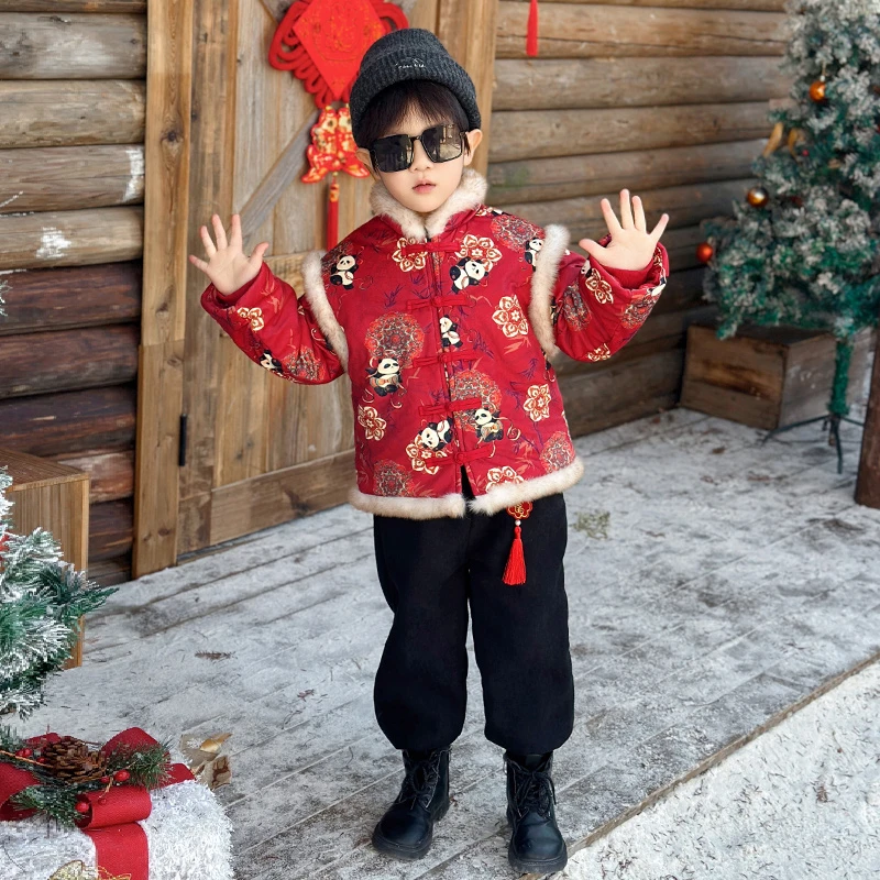 拜年服男童儿童过年喜庆衣服冬唐装男孩新中式国风红色新年装外套