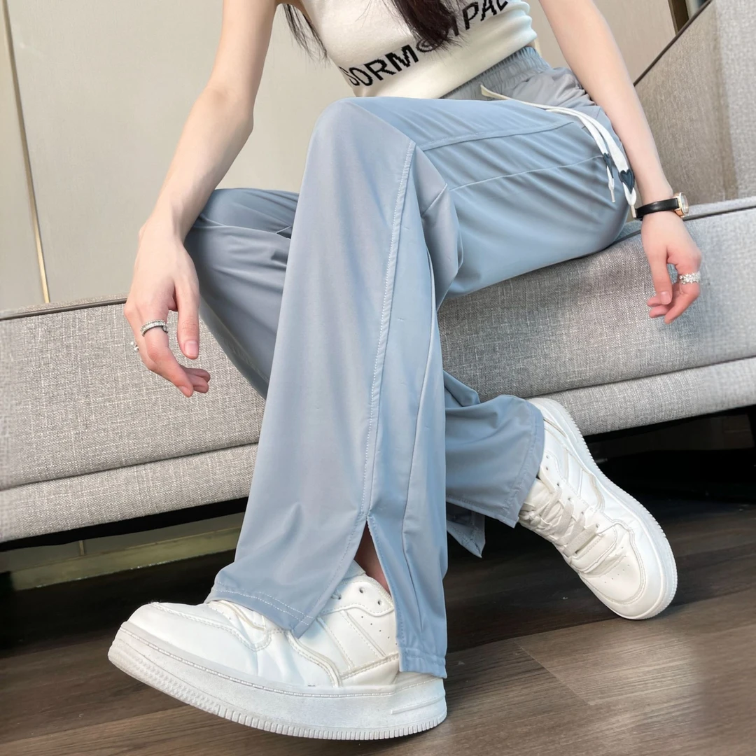开叉冰丝直筒裤女2025夏季新款高腰垂感窄版薄款九分休闲阔腿裤子