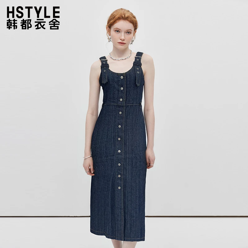 韩都衣舍法式排扣牛仔背带裙女小众设计感收腰无袖长款背心连衣裙