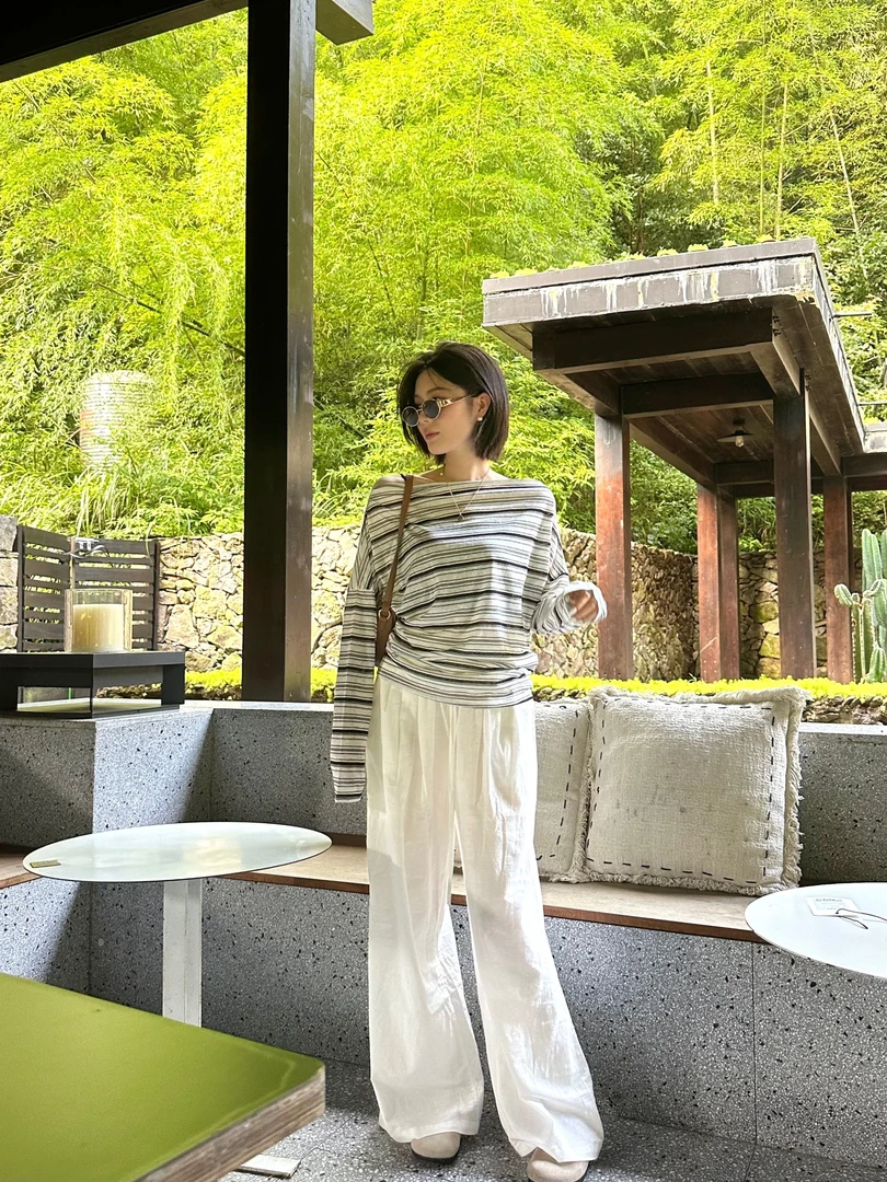 YERUNLU韩系条纹长袖巨好看防晒罩衫女宽松慵懒薄款T恤上衣