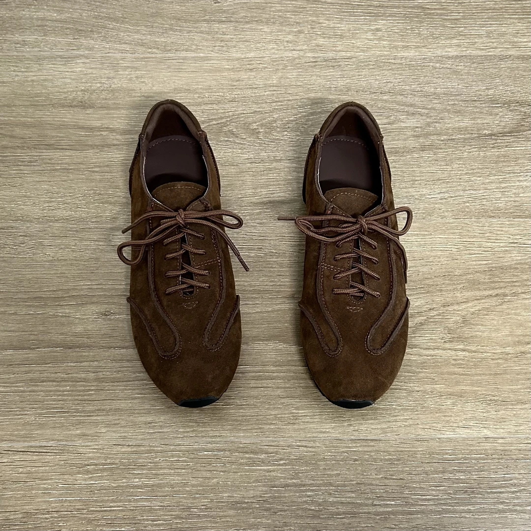 Dannyfre早春韩系运动休闲鞋圆头系带女磨砂皮休闲德训鞋3CM