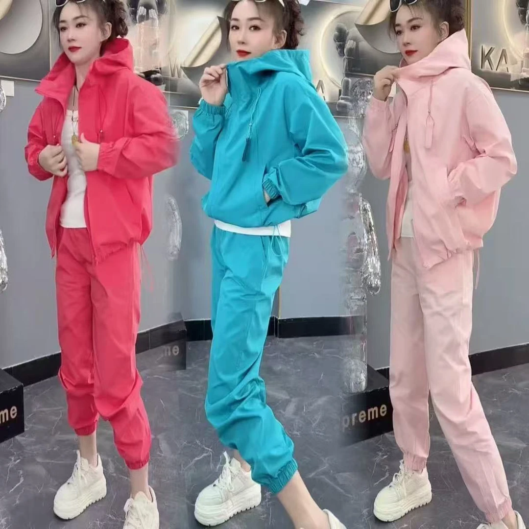 糖果色女新款2025爆款时尚洋气春秋款套装连帽外套上衣长裤两件套