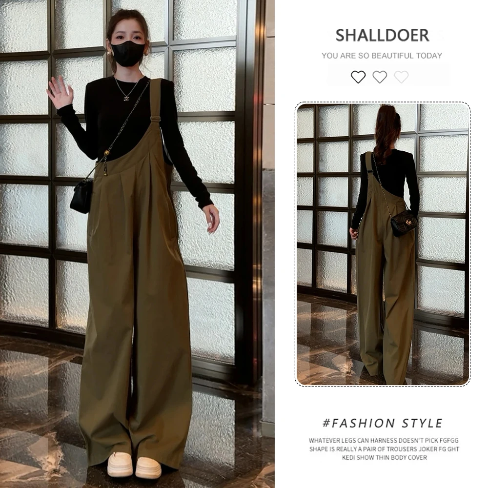 工装背带裤夏季新款高腰宽松休闲阔腿连体裤+长袖T恤秋款时尚套装