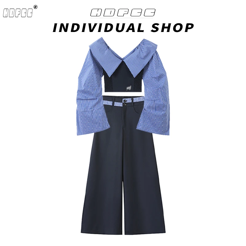 学院慵懒风一字肩条纹拼接上衣女2025年春季显瘦修身休闲裤两件套